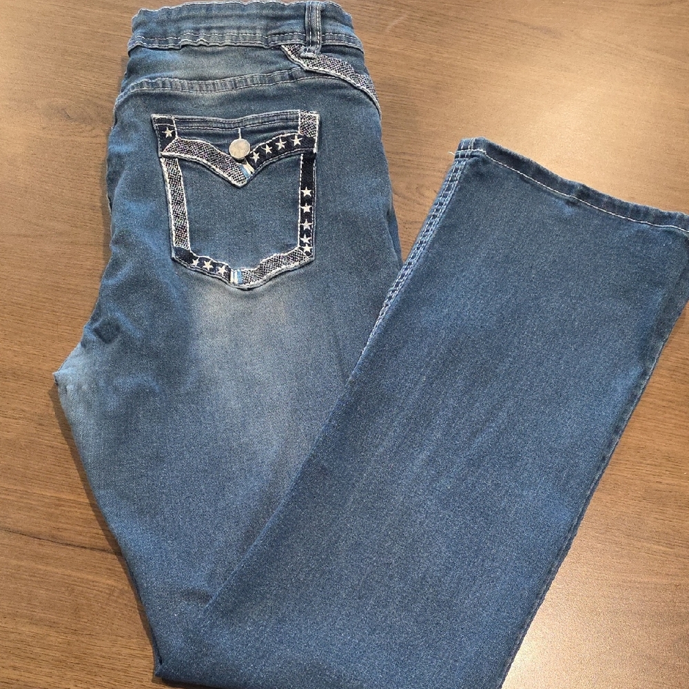 Stylish Blue Straight Leg Jeans with Star Detail Item #1